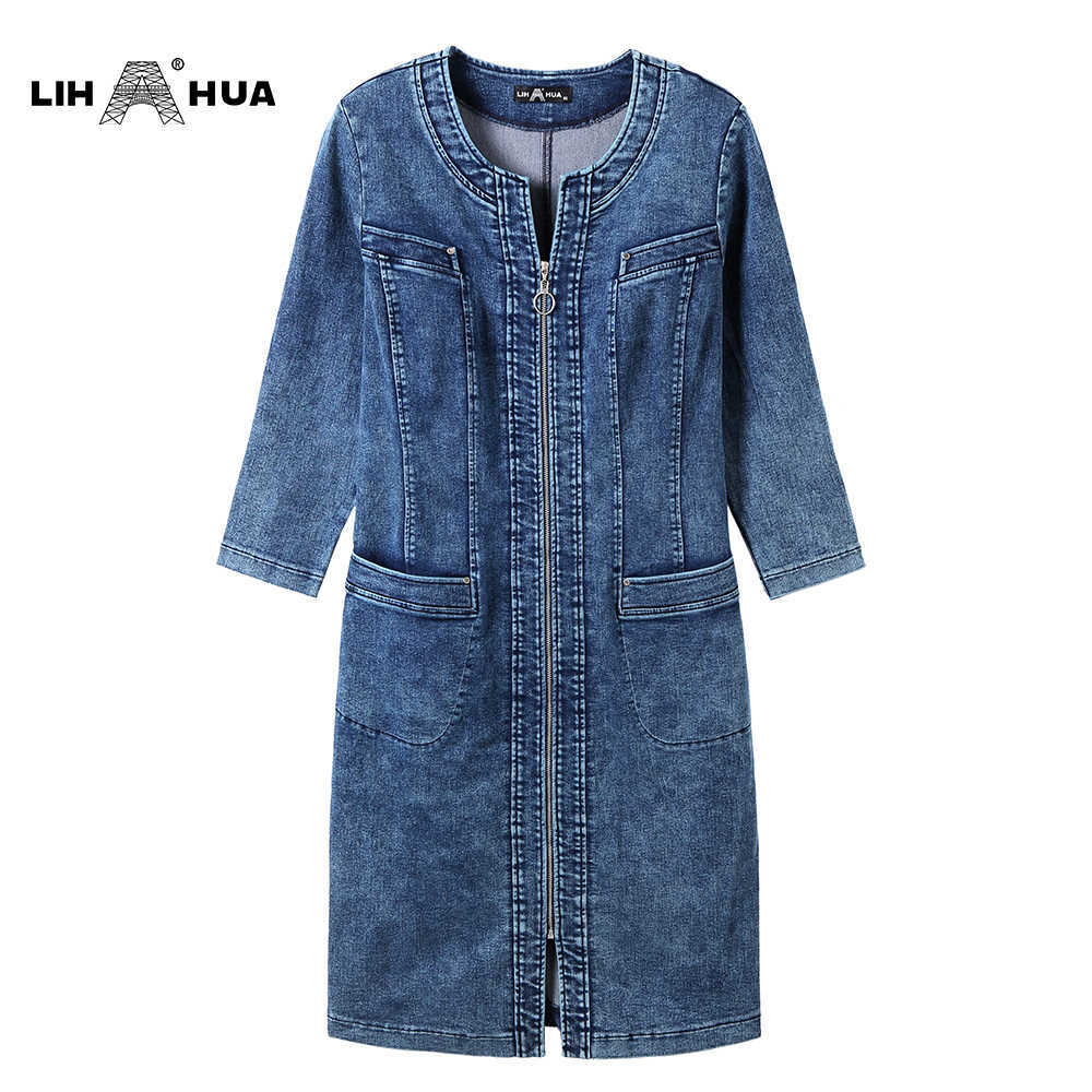 LIH HUA Women's Plus Size Denim Dress High Flexibility Slim Fit Dress Casual Woven Dress 210630