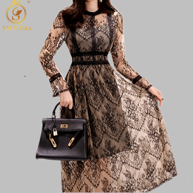 Spring Elegant Hollow Out Patchwork Dress for Women Vintage Lace Long Sleeve O-Neck Work Woman Party 210520