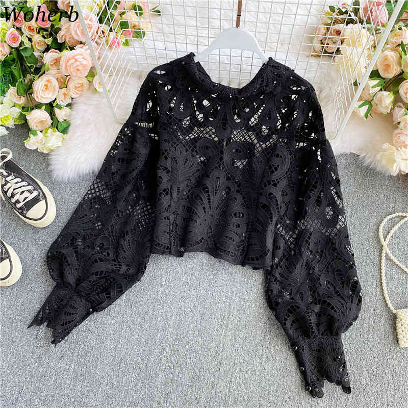 Chic Hollow Out Blouse Women Vintage Lace Crop Tops Puff Sleeve See Through Shirt Fashion Blusas Mujer De Mada 210519