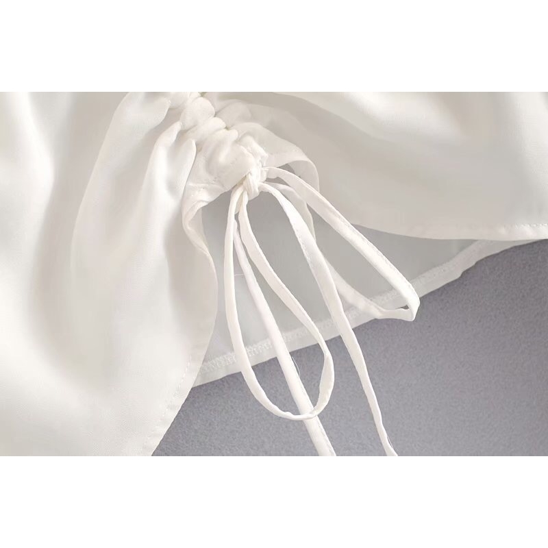 Women Black White Dot Print Long Sleeve Shirt Retro Square collar Adjust Rope Hem Short Blouse Sweet Tops 210429