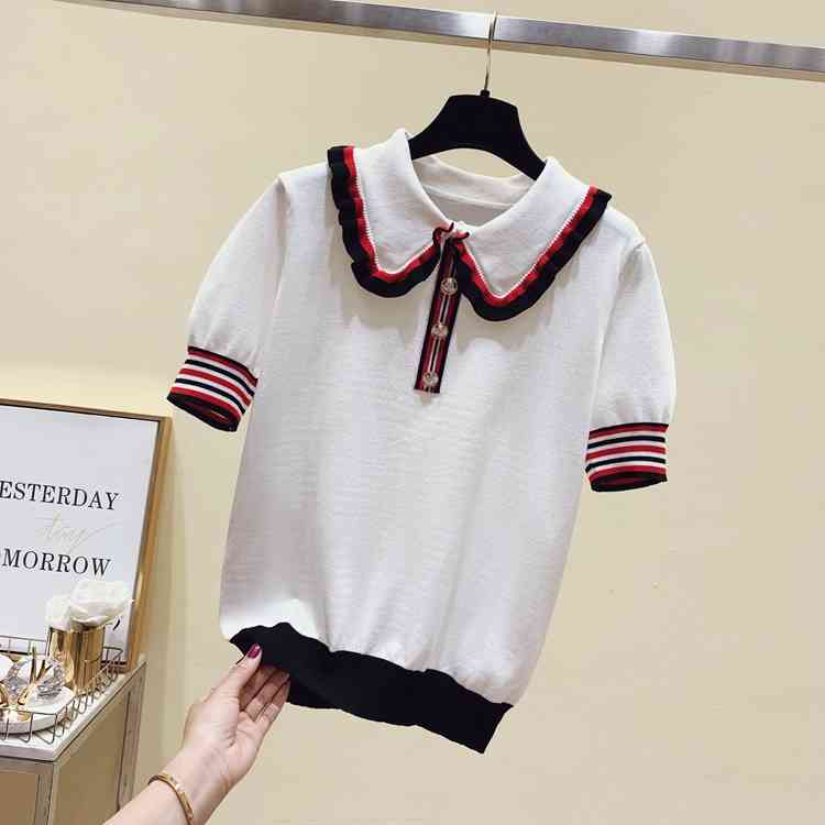 Summer Retro Peter pan collar Hit Color Short Sleeve Knitted pullover Casual T-shirts For Women Tees 210519