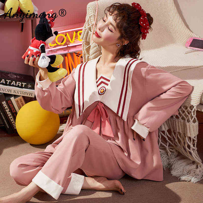 Navy Lapel Kawaii Pj Cotton Korean Style Fashion Pajamas for Young Ladies Teenager Student Girls Autumn Winter Home Clothing 211118