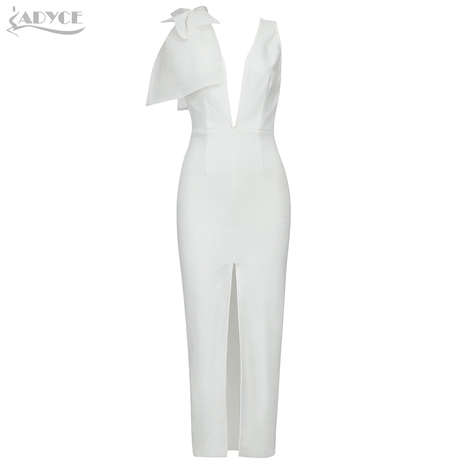 Summer White Bow Bandage Dress For Women Sexy Tank V Neck Midi Club Celebrity Evening Runway Party Bodycon 210423