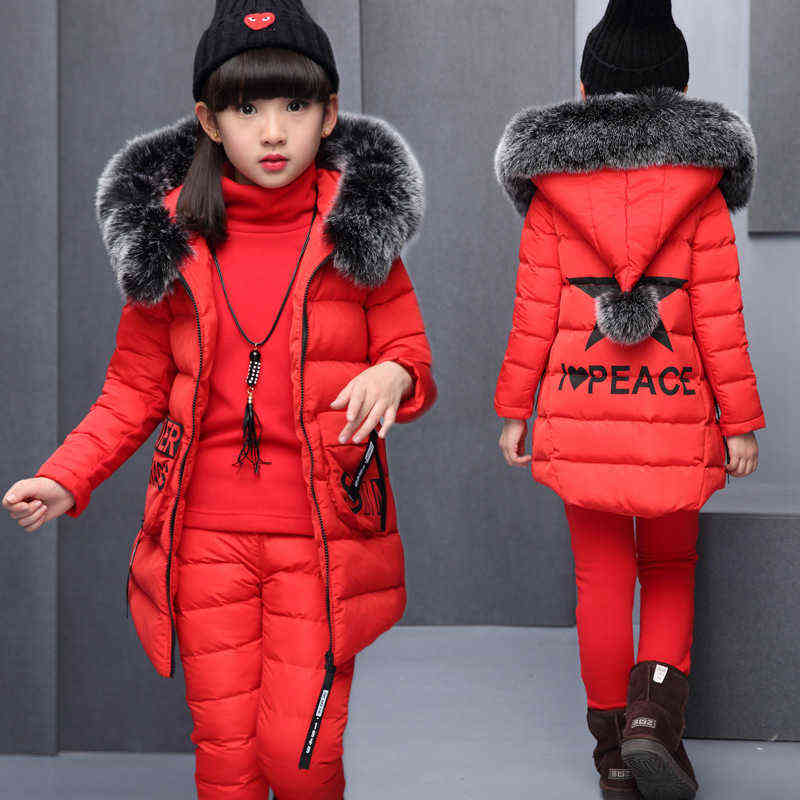 Girl Clothing Sets For Russia Winter Hooded Warm Vest Jacket + Top Cotton Pants 3 Pieces Clothes Coat With Fur Hood 211104