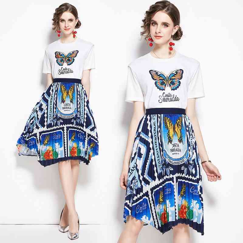 Temperament Ladies Summer 2pcs Women Butterfly Embroidery White Cotton TShirt + Elastic Retro Printed irregular Skirt Suits 210525
Temperament Ladies Summer 2pcs Women Butterfly Embroidery White Cotton TShirt + Elastic Retro Printed irregular Skirt Suits 210525