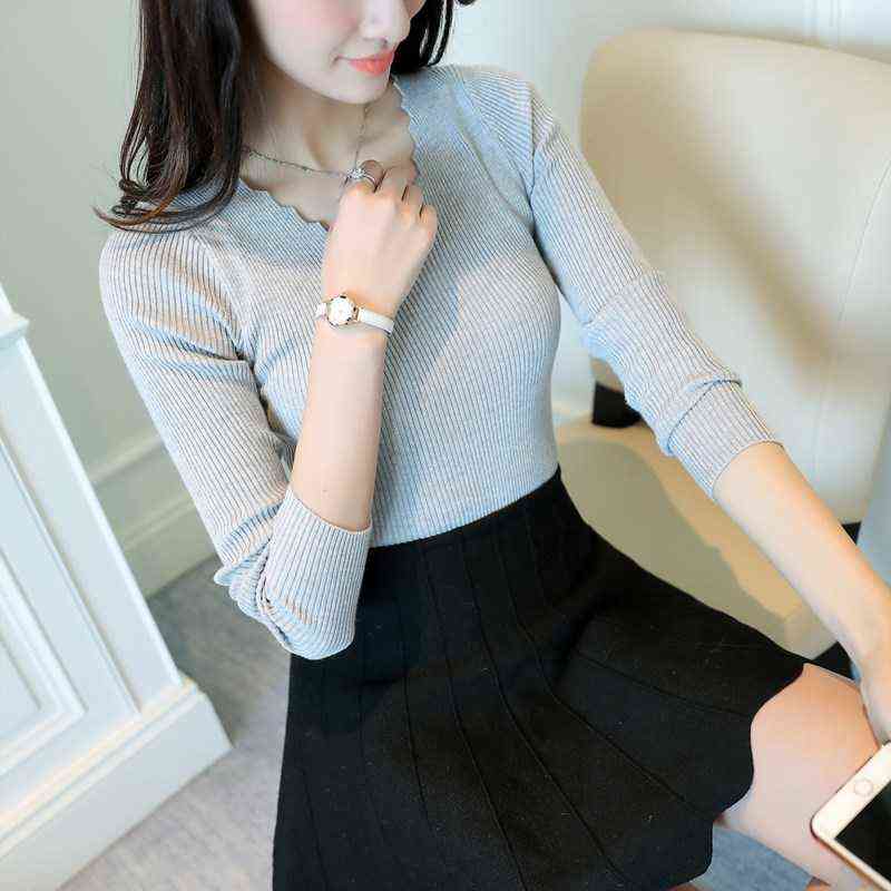 Autumn Long Sleeve Sweater Women Winter Pullovers Solid Black White Knitted Sweater Tops Wave Cut V-neck Basic Office 7809 50 211109