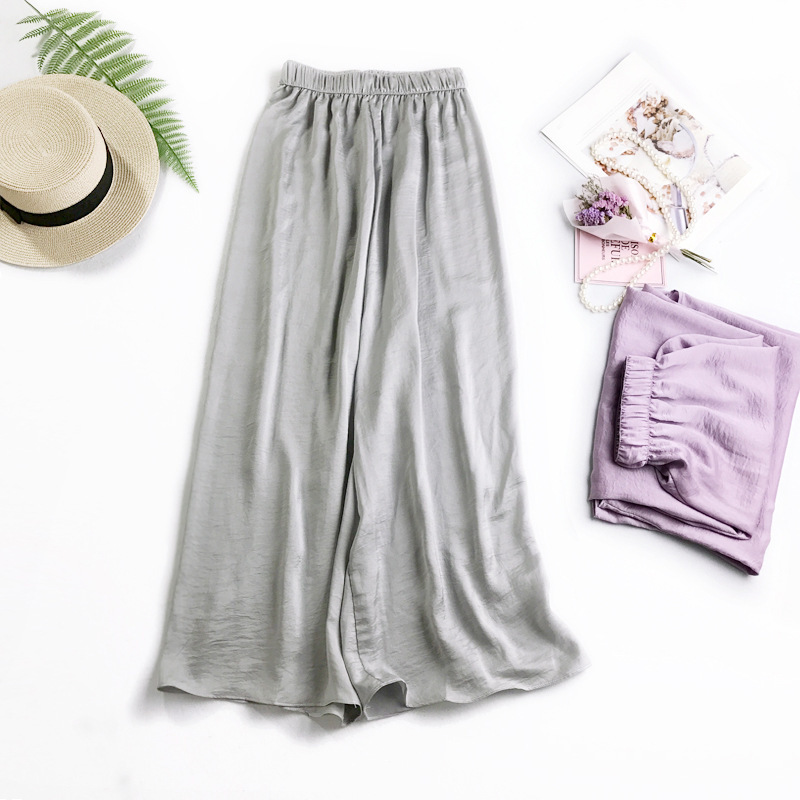 Casual Pants Women Summer Loose Wide Leg Trousers Satin Silk Capri Elastic Waist Women's High Beach 210428