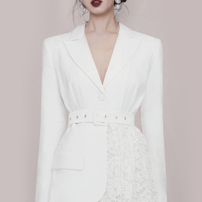 Autumn Notched White Cloth Lace Patchwork Long Sleeved Single Breasted Office Lady Dress Casual OL Vestidos 210515