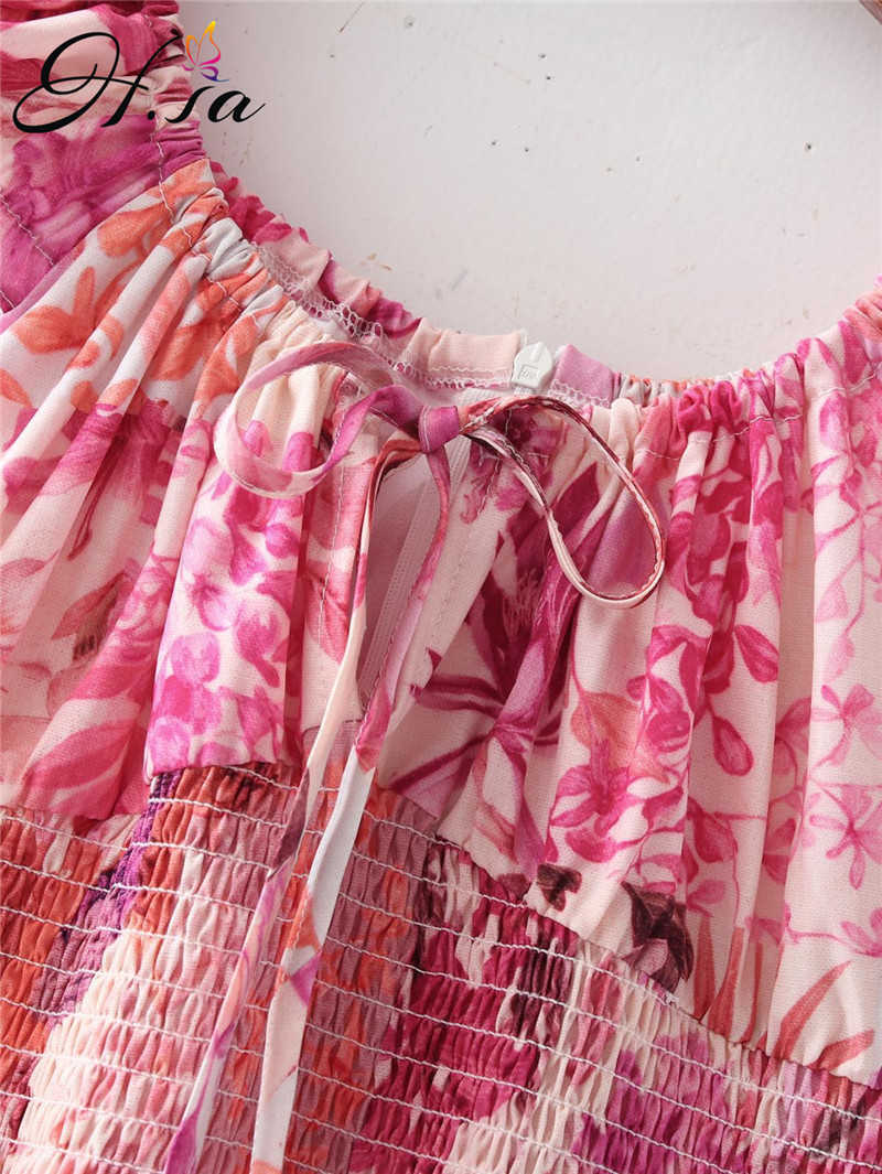 Hsa Summer Floral Dress SexyOff Shouderl Beach Style Loose Pink Holiday Vestidos Bow Tie Cascading Mini Dress Robe Boho 210716