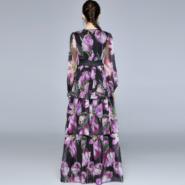 Vintage Fashion Runway Purple Floral Print Maxi Dress Spring High Waist Layer Ruffles Chiffon Holiday Long Dresses Female 210519