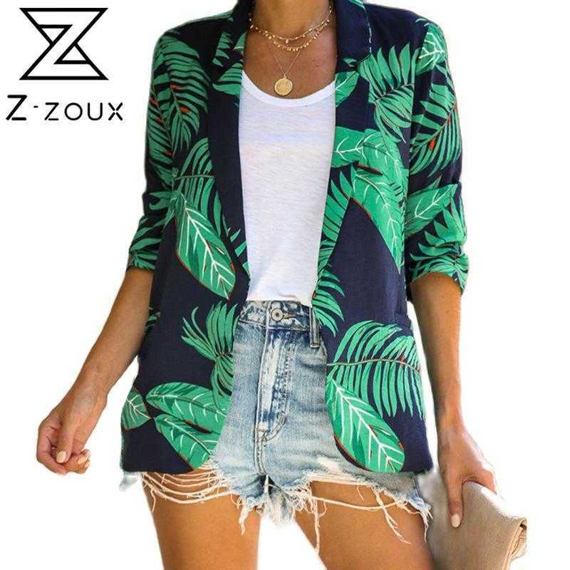 GetSpring Women Blazer Leaf Printed Green Coat Three Quarter Sleeve Single Breasted Women's Slim Suit Jacket Autumn 210930