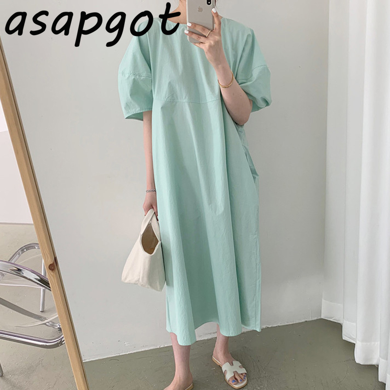 Minimalist Mint Green O Neck Puff Short Sleeve Loose Dress Women Casual Vestido De Mujer Summer Chic Korean Fashion 3 Color 210429