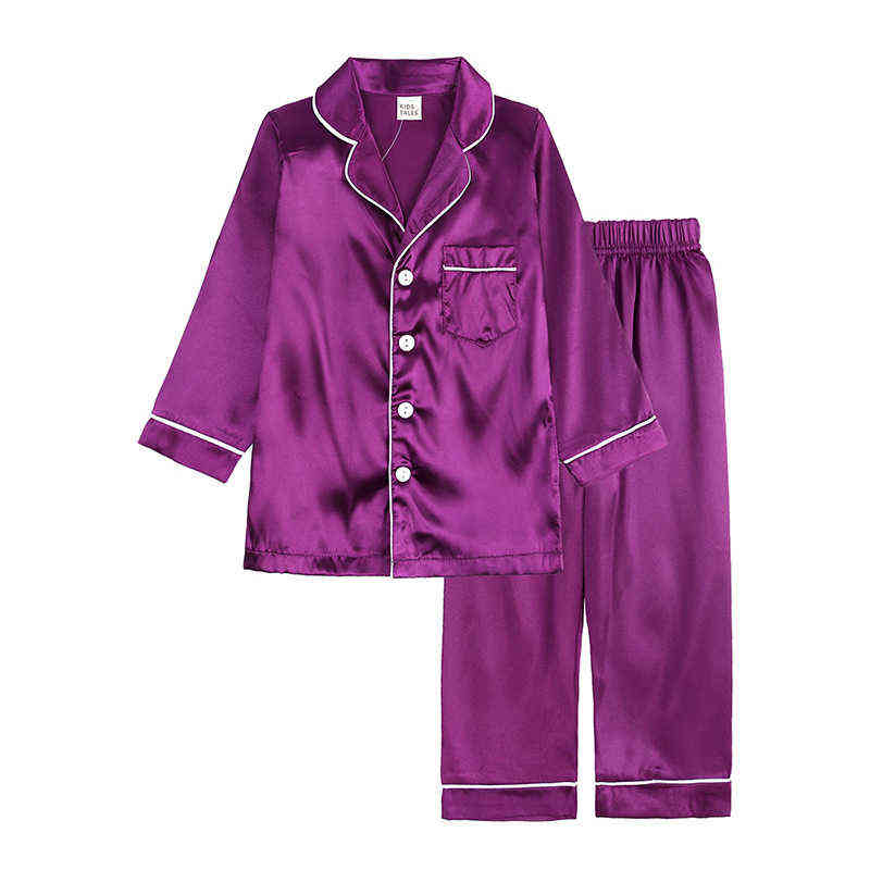 1-12 Years Children's pajamas set Kids Clothes Boys Girls Ice silk Solid color Tops Pants Set home Wear Baby suit 211130