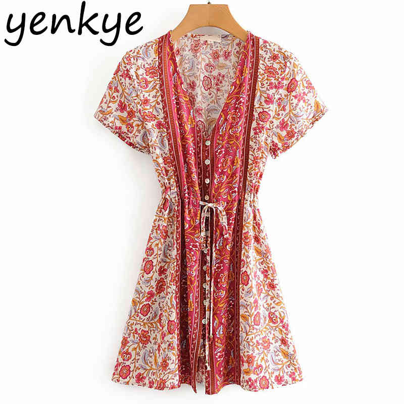 Floral Print Boho Beach Dress Women V Neck Short Sleeve Dress Drawstring Waist A-line Casual Holiday Summer Dress Short Sundress 210515