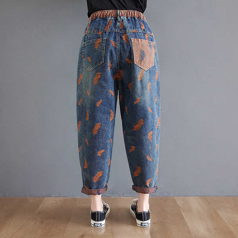 Oversize Jeans For Women Spring Street Feather Embroidery Color Contrast Loose Thin Drawstring Pocket Elastic Waist Denim Pants 210922