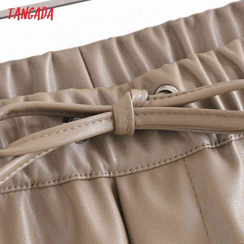 Tangada Women Faux Leather Pants Cargo Strethy Waist Trousers Female Casual QN210 211115