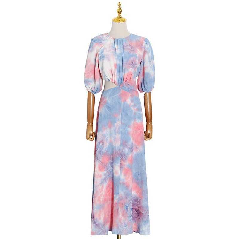 Spring Summer Bohemian Long Dresses Tie Dye Hollow Out O-neck Women Vestidos Patchwork Slim Waist Elegant Femme Robe 13A173 210525
