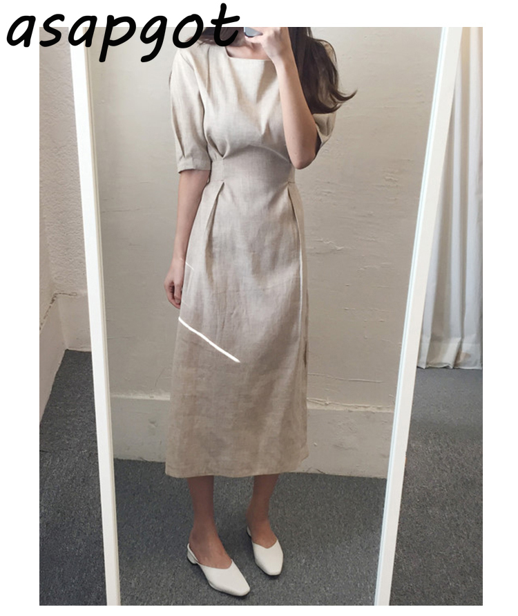 Summer Vintage Plus Size Blue Short Sleeve Square Neck Cotton Linen Dress Women Slim Lace Up Waist Temperament Solid 210429