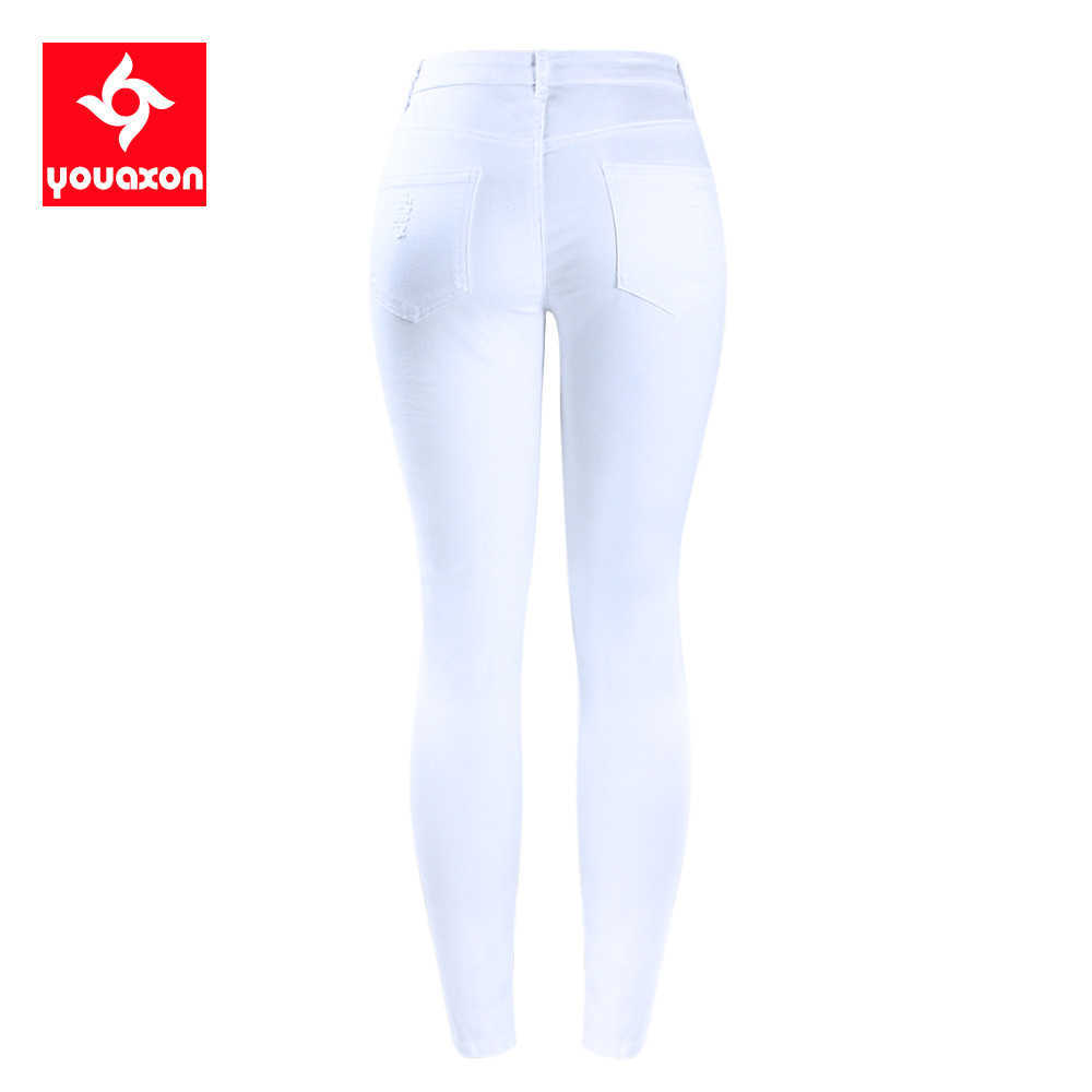 2067 Youaxon EU Size White Distressed Curvy Jeans Women`s Mid High Waist Stretch Denim Pants Ripped Skinny Jeans For Woman Jean 210616