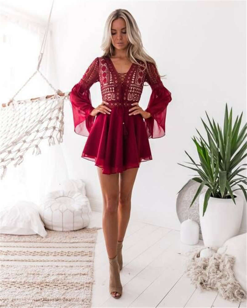 Bohemian mini dress women fashion spring solid white mini lace casual clothes v-neck long sleeve dresses