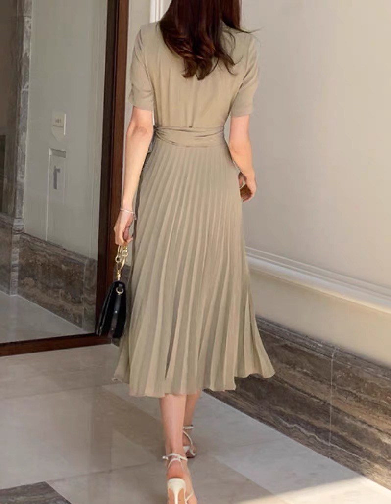 Women's fashion Notched Neck Pleated Dress Draped Lace Up Bow Midi Dresses OL Elegant Work Wear Business Vestidos 210519