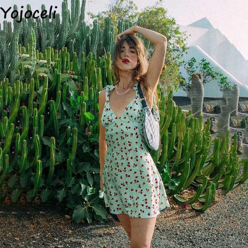 Yojoceli Elegant sexy chery bow dres Summer short strap beach sun Casual print female daily vestidos 210609
