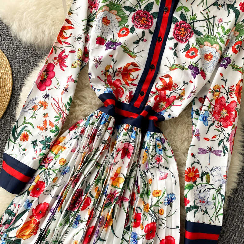 Fashion Elegant Pleated Dress Women's Autumn and Winter Printed Long Sleeve Korean Clothings Vestidos Q408 210527