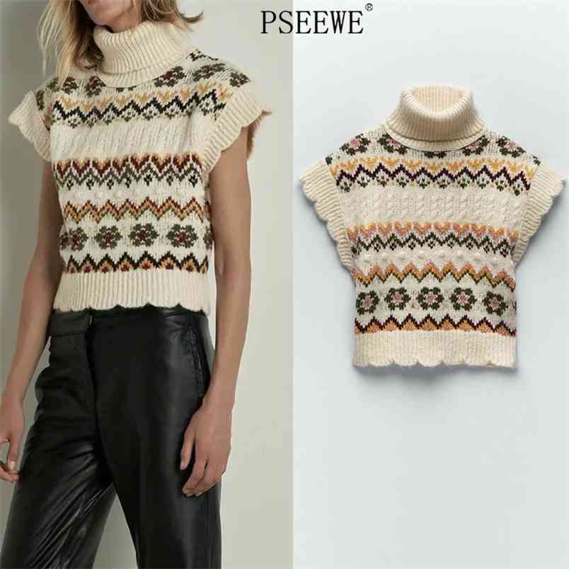 Beige Turtleneck Knitting Vest Woman Sleeveless Sweater Ruffle Vintage Jacquard Knitted Cropped Pullover Top 210519
Beige Turtleneck Knitting Vest Woman Sleeveless Sweater Ruffle Vintage Jacquard Knitted Cropped Pullover Top 210519