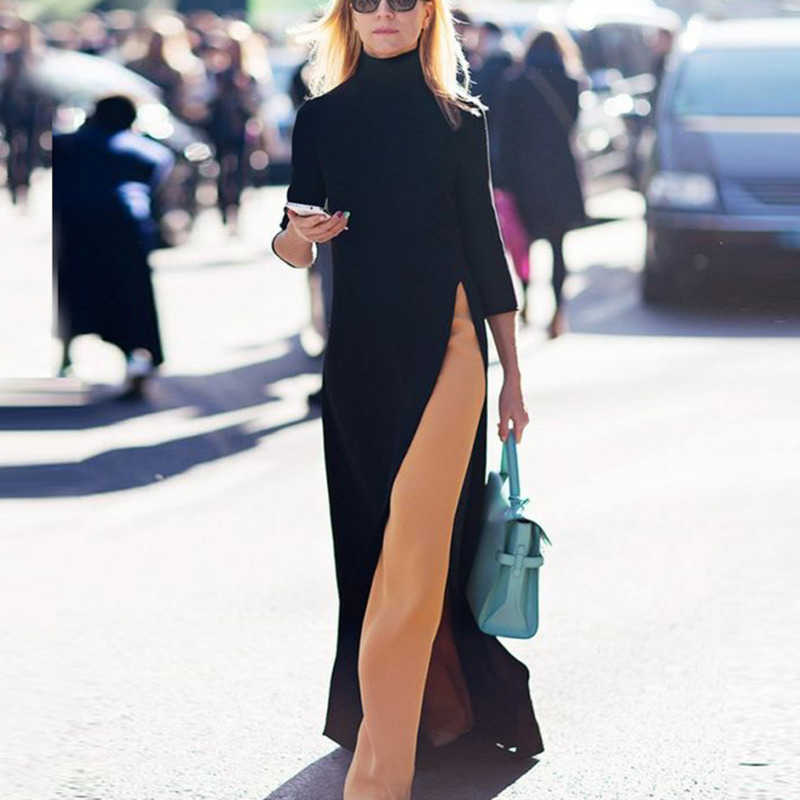 SHENGPALAE Spring Fashion Black Turtleneck Three Quarter Sleeve Split Hem Woman Floor-length Dress Female SC312 210630