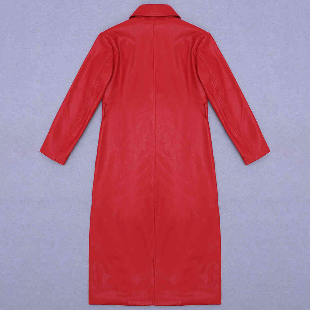 Winter Ladies Leather Jacket Fashion High-End Pu Coat Notch Office Long Belt Slim Trench 210525