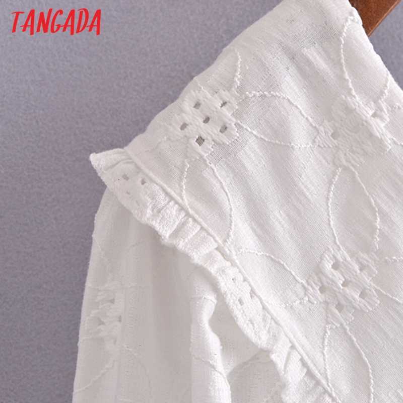 Tangada Women White Cotton Embroidery Romantic Dress Puff Short Sleeve Backless Females Midi Dresses Vestidos 3H271 210630