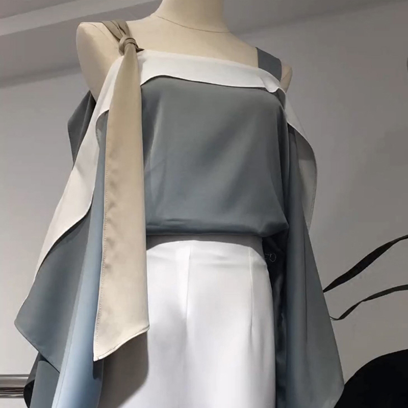 Casual Lace Up Shirt For Women Slash Neck Off Shoulder Batwing Sleeve Patchwork Blouse Female Autumn Fashion 210524