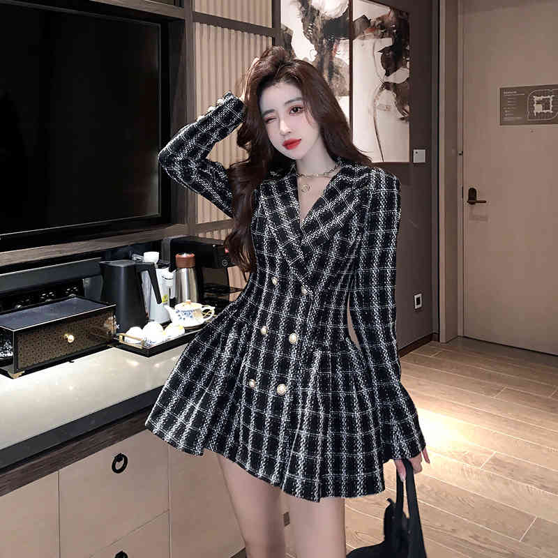 Spring Autumn Women's Elegant Office OL Plaid Tweed Temperament Suit Double Breasted High Waist Slim Pleated Mini Dress 210519