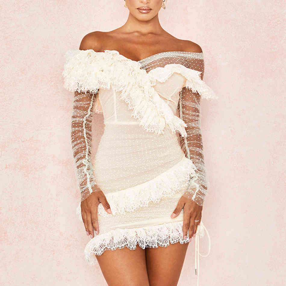 Summer Off Shoulder Mini Dress Vesitidos Sexy Long Sleeve Lace Women Fashion Club Celebrity Runway Party Dresses 210423
