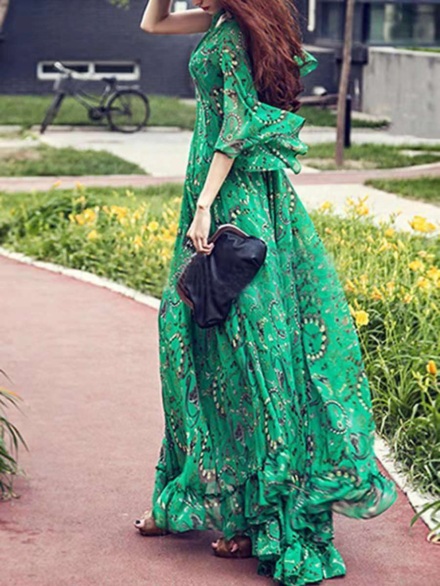 Women Dress V Neck Seven Sleeve Floral Printed Maxi es Temperament High Waist Long Vintage es Autumn 210513