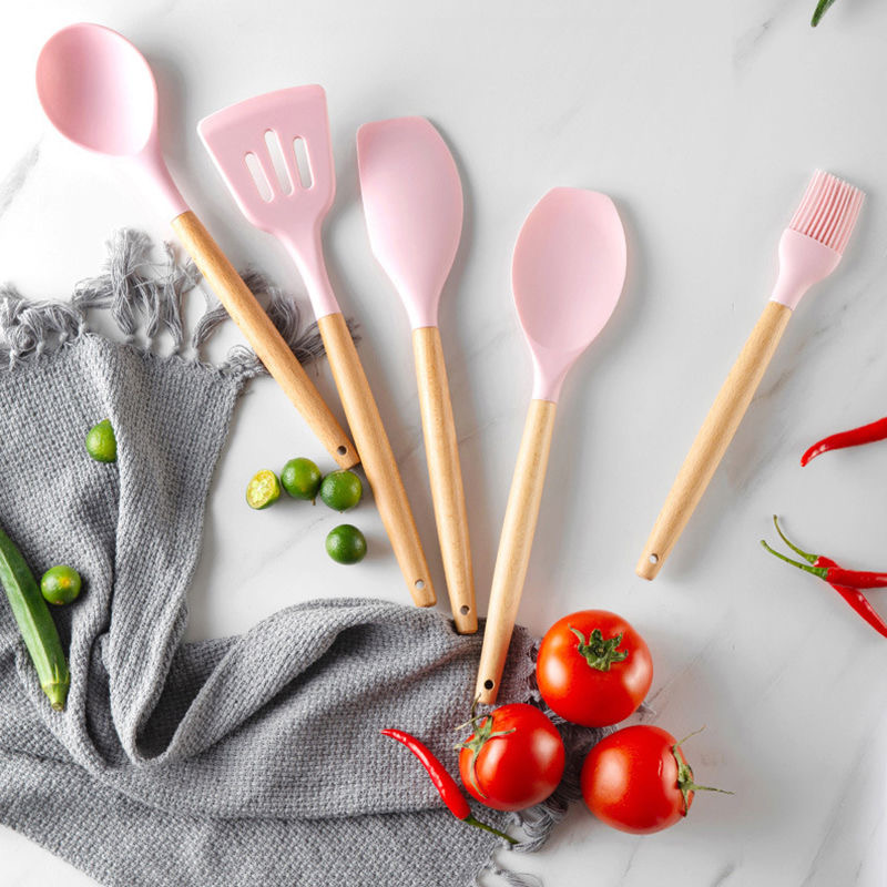 Advanced silicone wooden handle 12 piece set cooking tool set kitchen chef set with storage box spatula spoon kitchen baking cooking tools