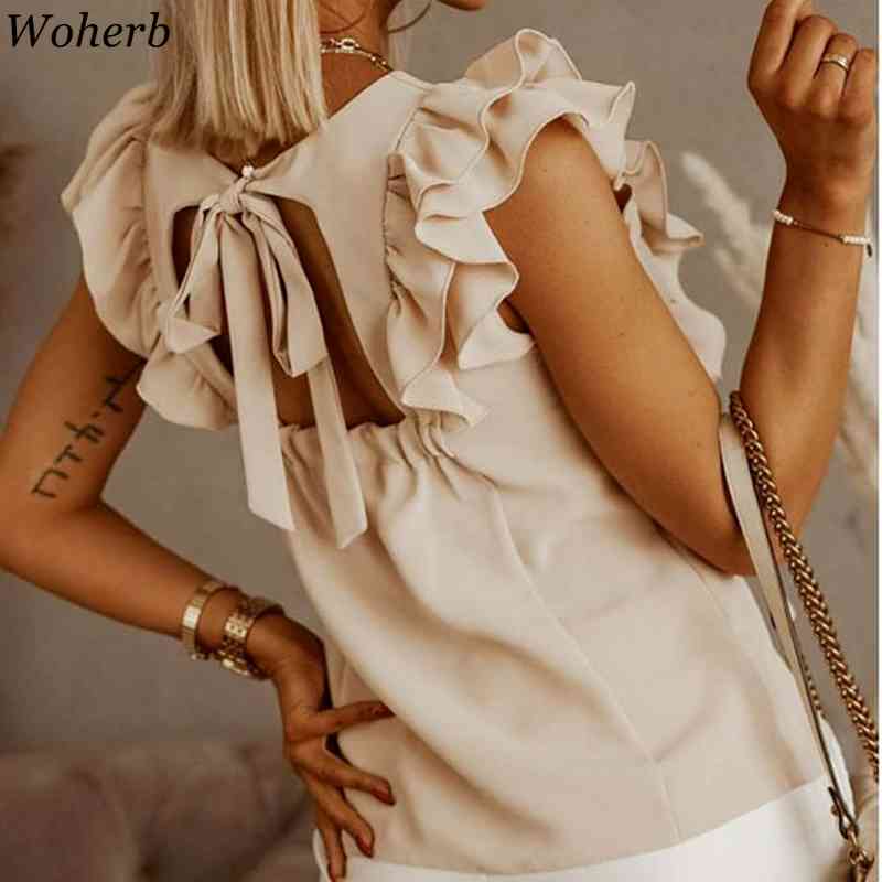 Ruffles Blouse Women Elegant Summer Chic Ladies Tops Fashion Solid Sexy Female Blusas Casual All Match Sweet Shirt 210519
