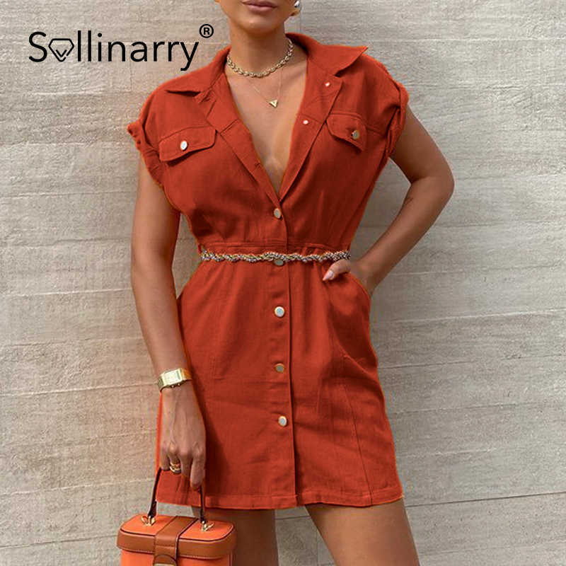 Sollinarry solid buttons shirt dress women Pocket casual lace up female dress Short sleeve cotton vetidos Office summer dresses 210709