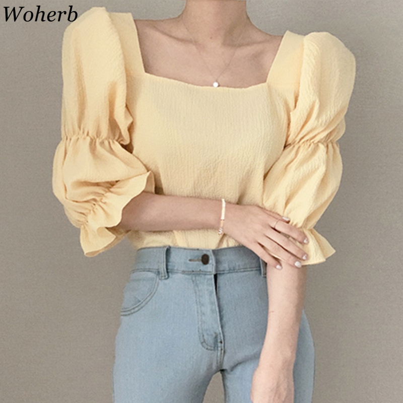 Korean Tops Mujer Chic Square Collar Puff Short Sleeve Pleated Blouse Chiffon Shirts Summer Clothes Fashion White Blusas 210519