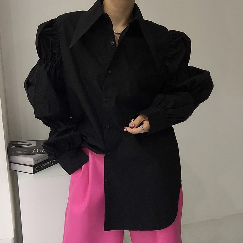 Nomikuma Causal Pleated Puff Long Sleeve Women Blouse Korean Turn-down Collar Vintage Shirt Autumn New Blusas Top 6C702 210427