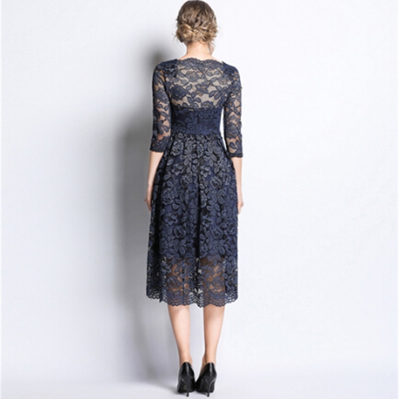 Arrival Spring Fashion Hollow Out Lace Dress Vintage Elegant Slim High Waist Long Dresses Vestidos 210520