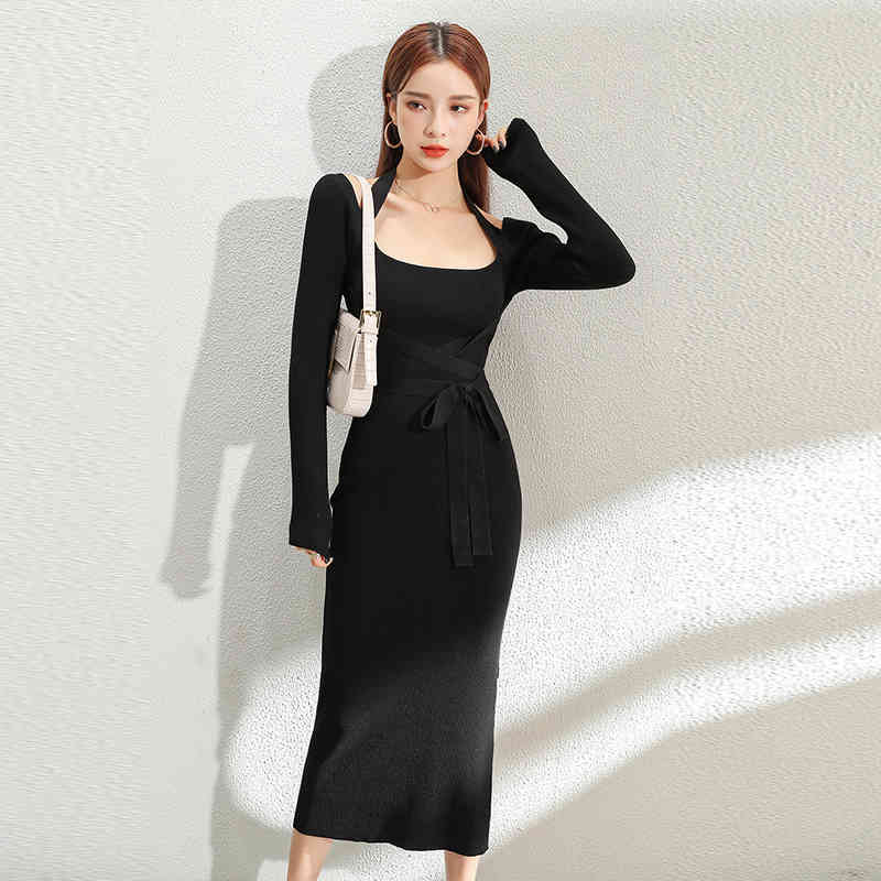 Women Bandage Black Sweater Dresses Long Sleeve O Neck Elegant Female Fashion Knitted Vestidos 210520
