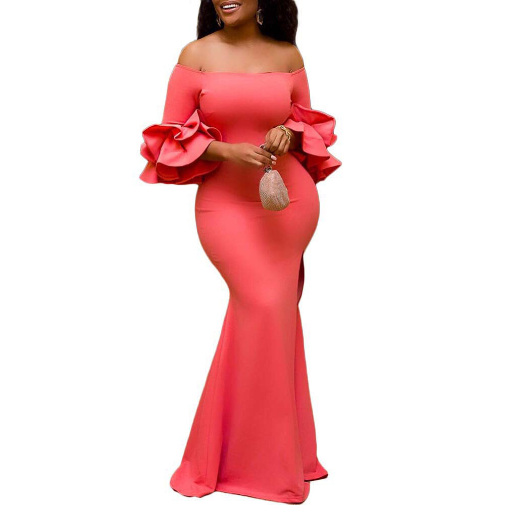 African Ladies Party Long Dress White Slash Neck Ruffles Bodycon Mermaid Floor Length Elegant Evening Dinner Night Vestidos 210510