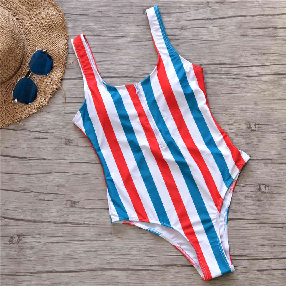 Red White Blue Striped Swimwear Swimsuit Women Zipper Monokini Sport Bodysuit Beach Bathing Suit 210520