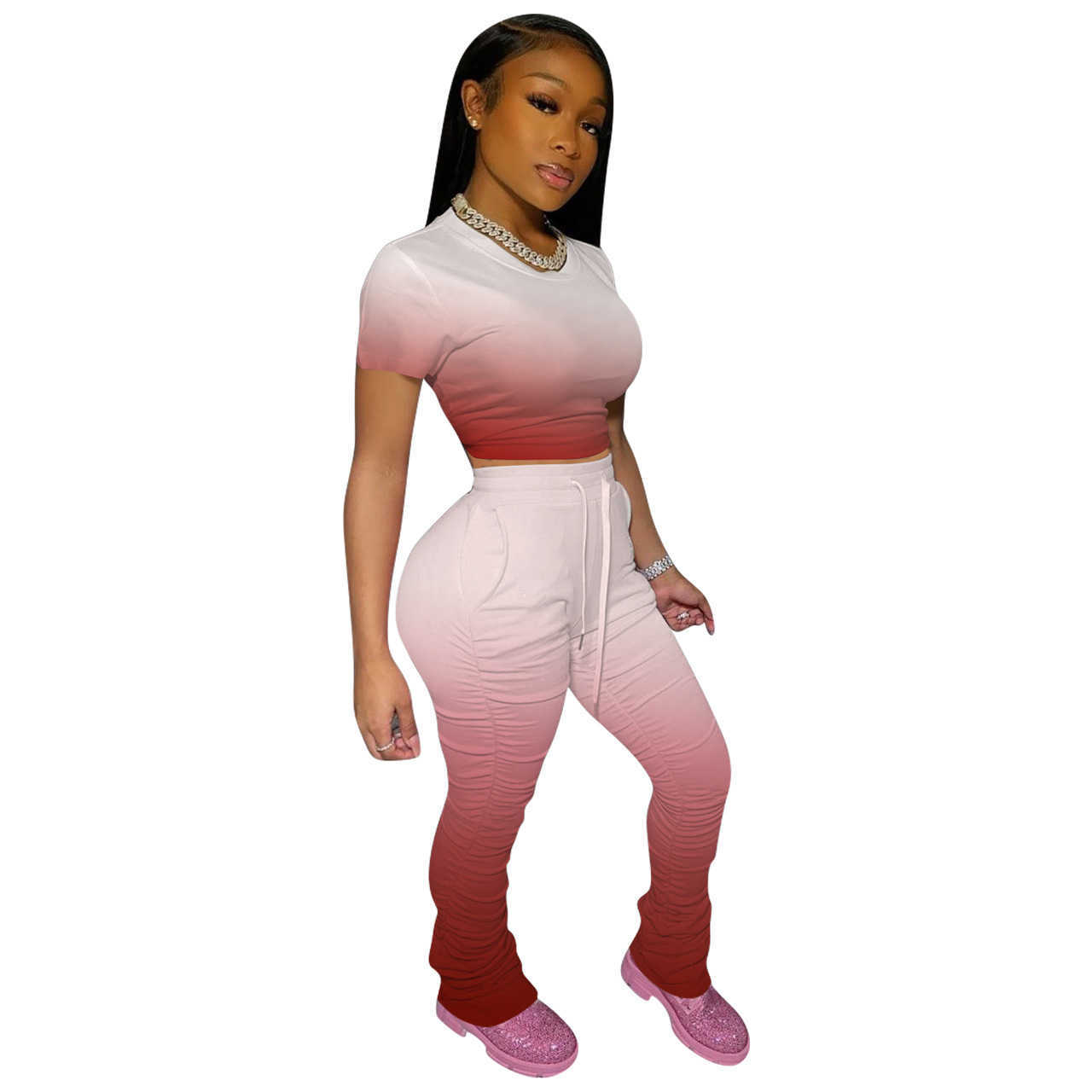 Summer Ladies Joggers Sweatpants Sets Casual O-neck Short Sleeve Tops +Streetwear Pants Gradient Female Two Piece Plus Size 210604
