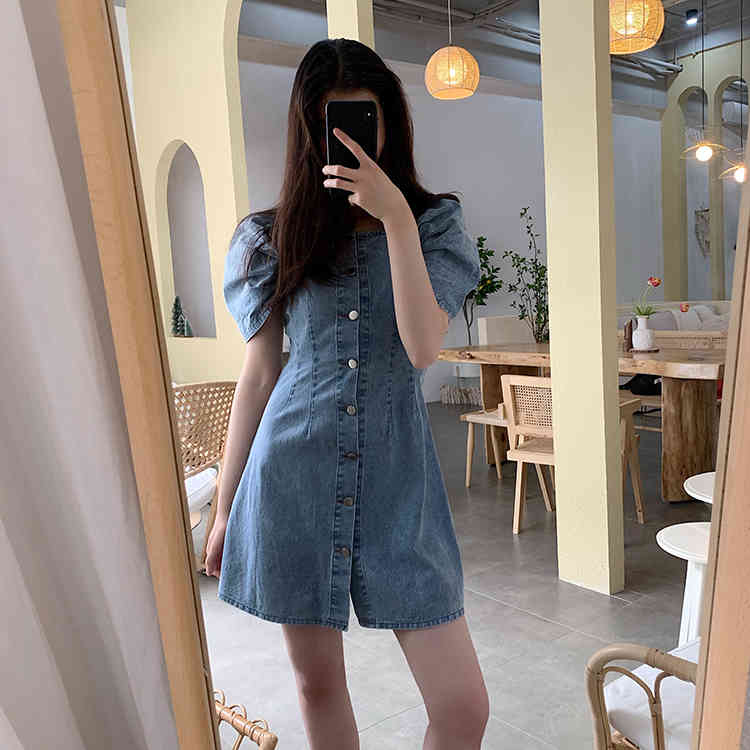 XS-XL summer mini dress korean style solid color square collar denim dress womens off shoulder jeans dresses (71050) 210423