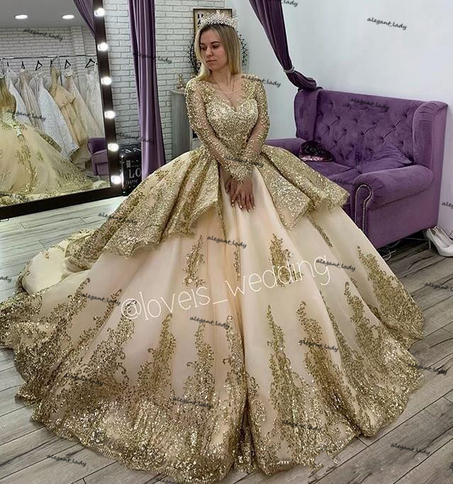 Luxury Gold Princess Wedding Dresses with Long Sleeve Full Lace Applique Cathedral Train Lace-up Aso Ebi Bridal Gown