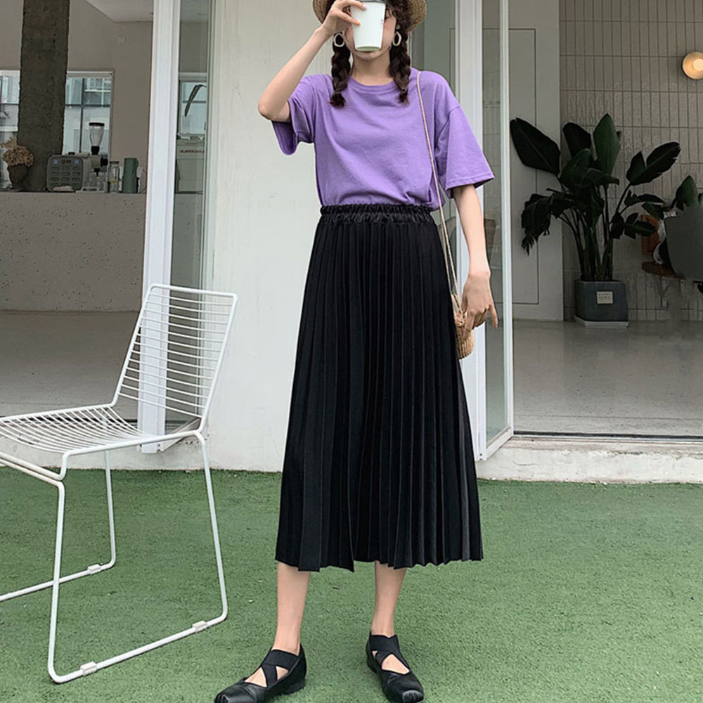 Elegant Solid Midi Pleated Skirt Women Autumn Winter Ladies Korean High Waist A-line School Long Female 210428