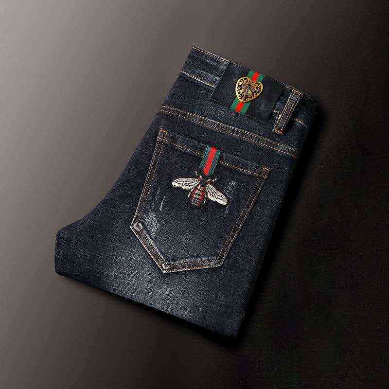 High-end Men's denim jeans feet pants slim fit autumn casual stretch all-match embroidery little bee teenagers pencil pants 211120