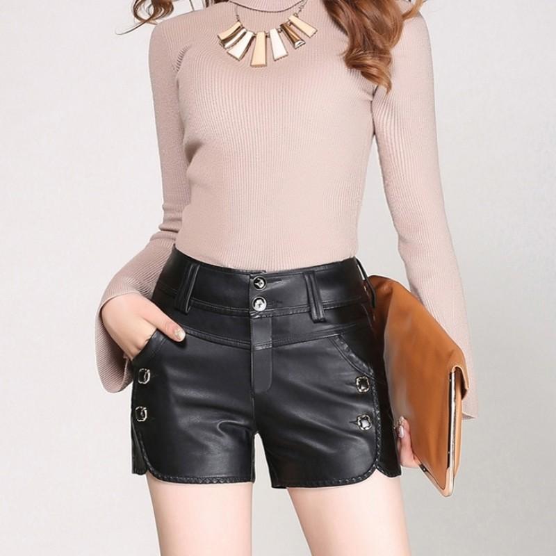 Casual Shorts Women 2021 Autumn Winter Korean Slim PU Faux Leather Ladies High Waist Button Large Size Bottom Female Women's